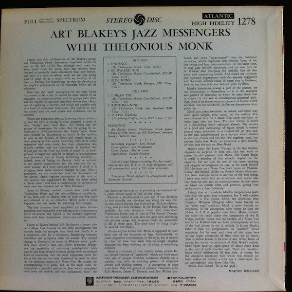 Art Blakey's Jazz Messengers* With Thelonious Monk : Art Blakey's Jazz Messengers With Thelonious Monk (LP, Album, RE)